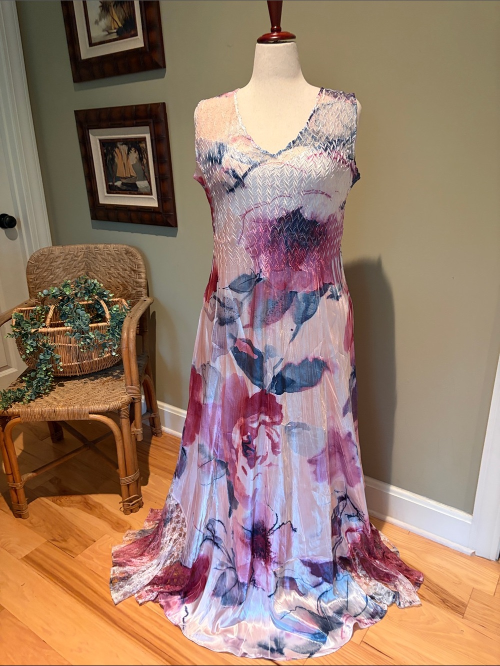 Komarov Pastel Dream Charmeuse Slipover Maxi in Rose, Pink, Teal, and Ivory